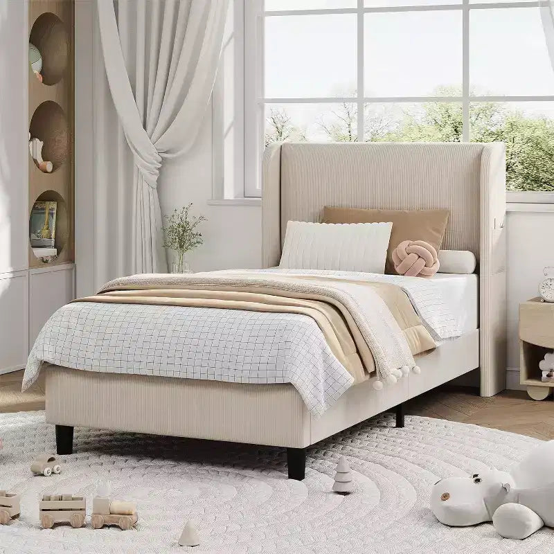 Telaio letto singolo con testiera regolabile, letto a piattaforma imbottito in velluto con 12 doghe di legno, piedini di supporto robusti, beige