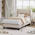 Telaio letto singolo con testiera regolabile, letto a piattaforma imbottito in velluto con 12 doghe di legno, piedini di supporto robusti, beige