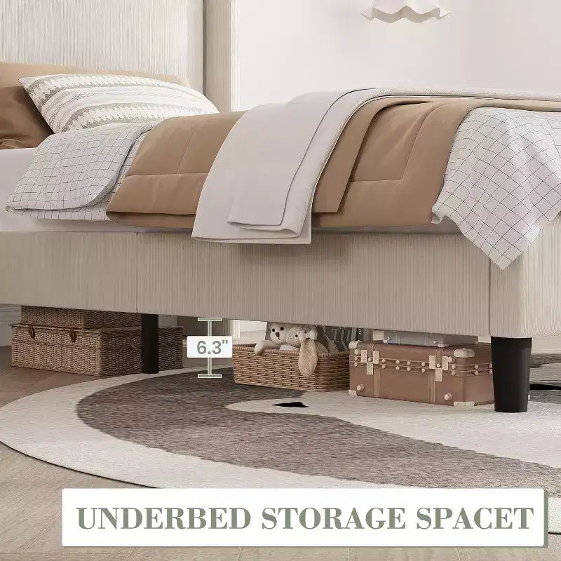 Telaio letto singolo con testiera regolabile, letto a piattaforma imbottito in velluto con 12 doghe di legno, piedini di supporto robusti, beige