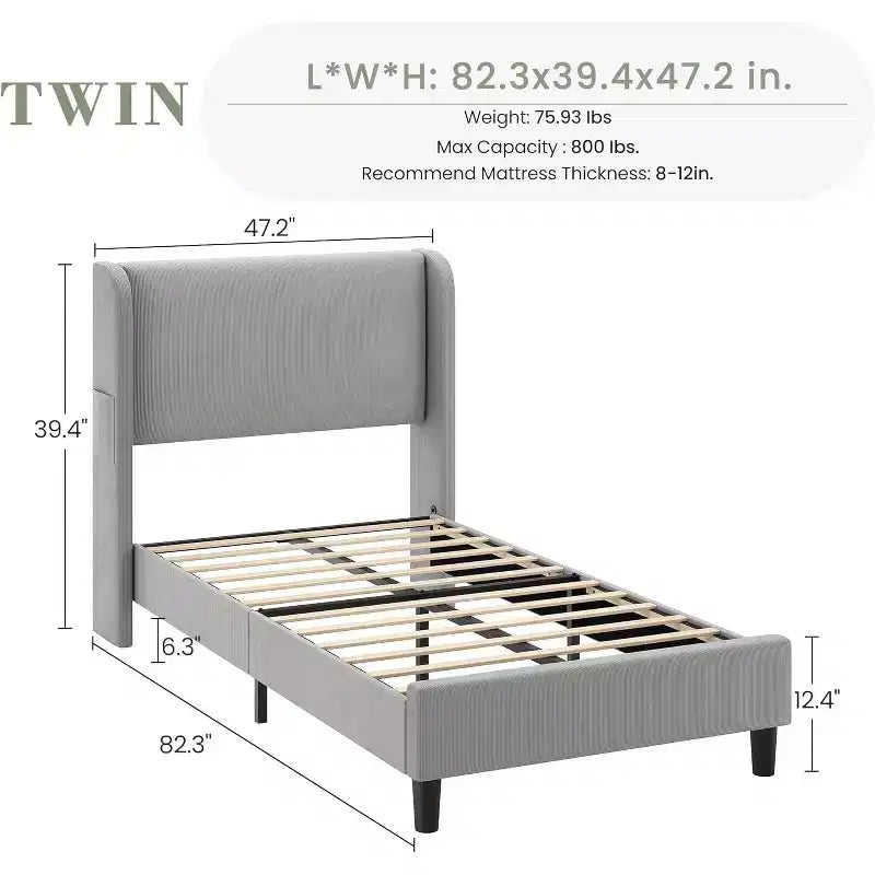 Telaio letto singolo con testiera regolabile, letto a piattaforma imbottito in velluto con 12 doghe di legno, piedini di supporto robusti, beige