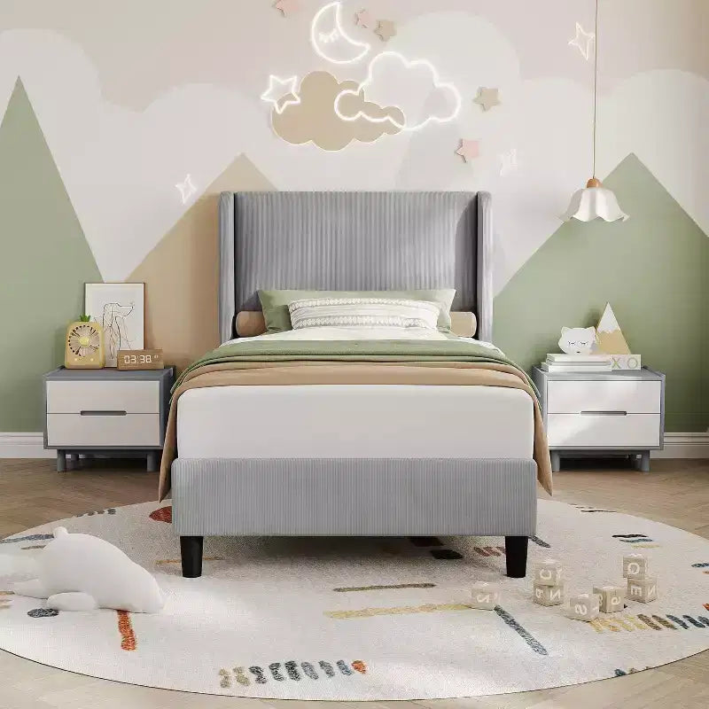 Telaio letto singolo con testiera regolabile, letto a piattaforma imbottito in velluto con 12 doghe di legno, piedini di supporto robusti, beige