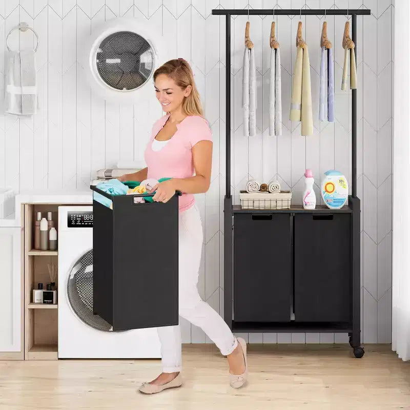 Cesto portabiancheria a 3 sezioni con asta estensibile, carrello portabiancheria resistente con ruote bloccabili e ripiano portaoggetti per lavanderia