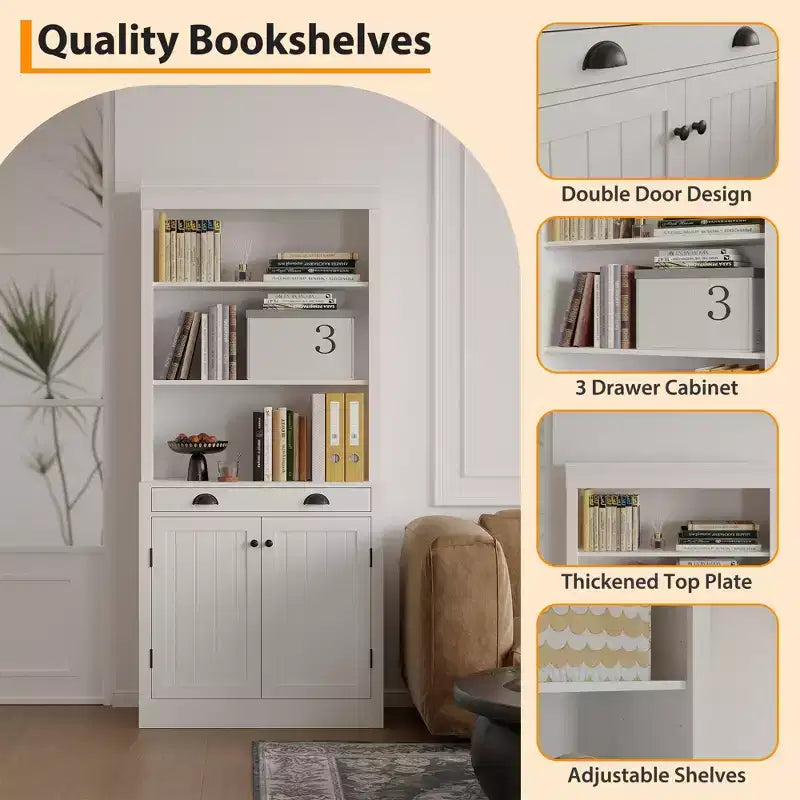 Libreria con Ante, Scaffale a 5 Ripiani da Pavimento a Soffitto con 1 Cassetto, Libreria Alta 180 cm Bianca per Ufficio Domestico, Soggiorno
