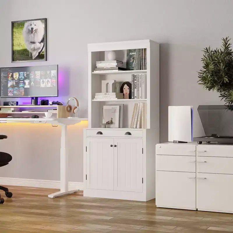 Libreria con Ante, Scaffale a 5 Ripiani da Pavimento a Soffitto con 1 Cassetto, Libreria Alta 180 cm Bianca per Ufficio Domestico, Soggiorno