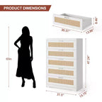 Comò a 5 cassetti in rattan per camera da letto, cassettiera alta 120 cm con prese elettriche, cassettiera in legno con maniglie in metallo per soggiorno e cabina armadio