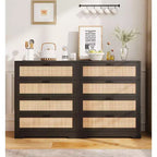 Comò a 5 cassetti in rattan per camera da letto, cassettiera alta 120 cm con prese elettriche, cassettiera in legno con maniglie in metallo per soggiorno e cabina armadio
