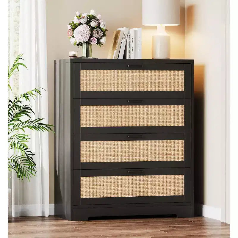 Comò a 5 cassetti in rattan per camera da letto, cassettiera alta 120 cm con prese elettriche, cassettiera in legno con maniglie in metallo per soggiorno e cabina armadio