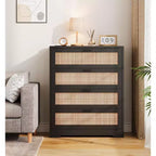 Comò a 5 cassetti in rattan per camera da letto, cassettiera alta 120 cm con prese elettriche, cassettiera in legno con maniglie in metallo per soggiorno e cabina armadio