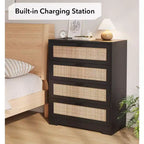 Comò a 5 cassetti in rattan per camera da letto, cassettiera alta 120 cm con prese elettriche, cassettiera in legno con maniglie in metallo per soggiorno e cabina armadio