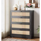 5 Drawer Rattan Dresser for Bedroom, 47.27 Tall Dresser with Power Outlets, Wood Dresser Chest of Drawers with Metal Handles for Living Room Closet