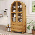 71 Tall Arched Kitchen Pantry Cabinet, Modern Storage Cabinet with 2 Drawers and Glass Door, Kitchen Pantry, Wooden Arched Bookshelf Cupboard
