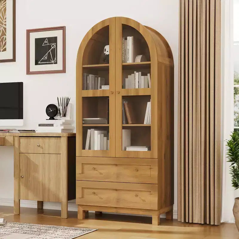 Dispensa alta da cucina a volta da 71 pollici, mobile contenitore moderno con 2 cassetti e ante in vetro, dispensa da cucina, libreria a volta in legno