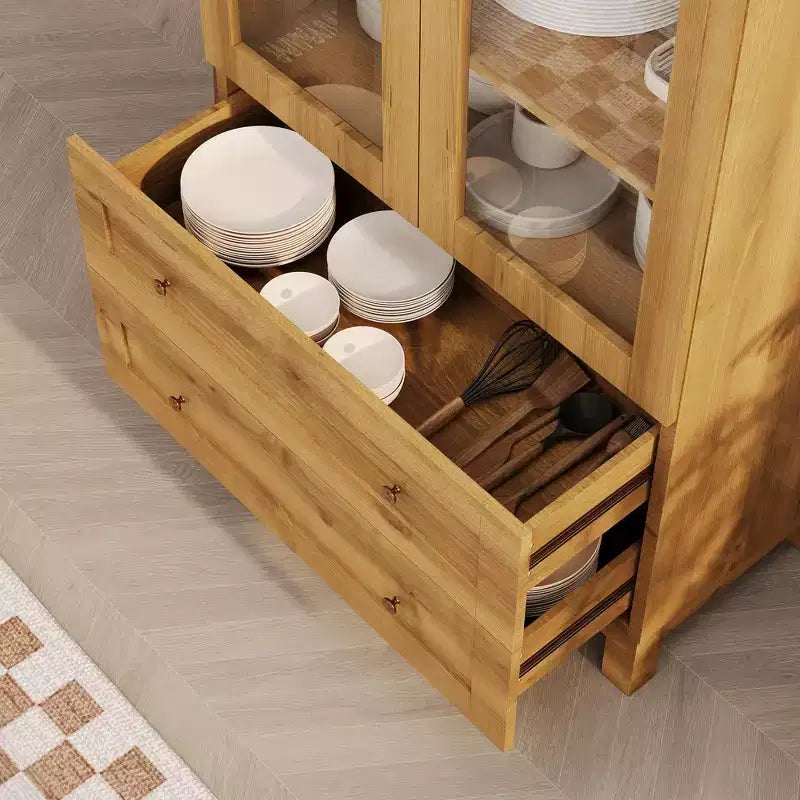 Dispensa alta da cucina a volta da 71 pollici, mobile contenitore moderno con 2 cassetti e ante in vetro, dispensa da cucina, libreria a volta in legno