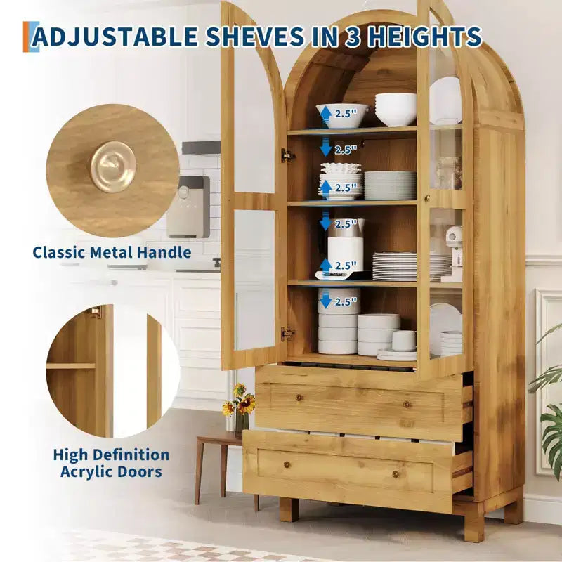 Dispensa alta da cucina a volta da 71 pollici, mobile contenitore moderno con 2 cassetti e ante in vetro, dispensa da cucina, libreria a volta in legno