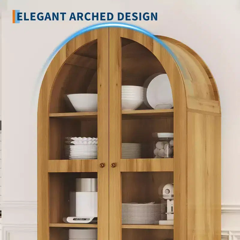 Dispensa alta da cucina a volta da 71 pollici, mobile contenitore moderno con 2 cassetti e ante in vetro, dispensa da cucina, libreria a volta in legno