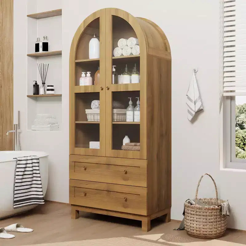 Dispensa alta da cucina a volta da 71 pollici, mobile contenitore moderno con 2 cassetti e ante in vetro, dispensa da cucina, libreria a volta in legno