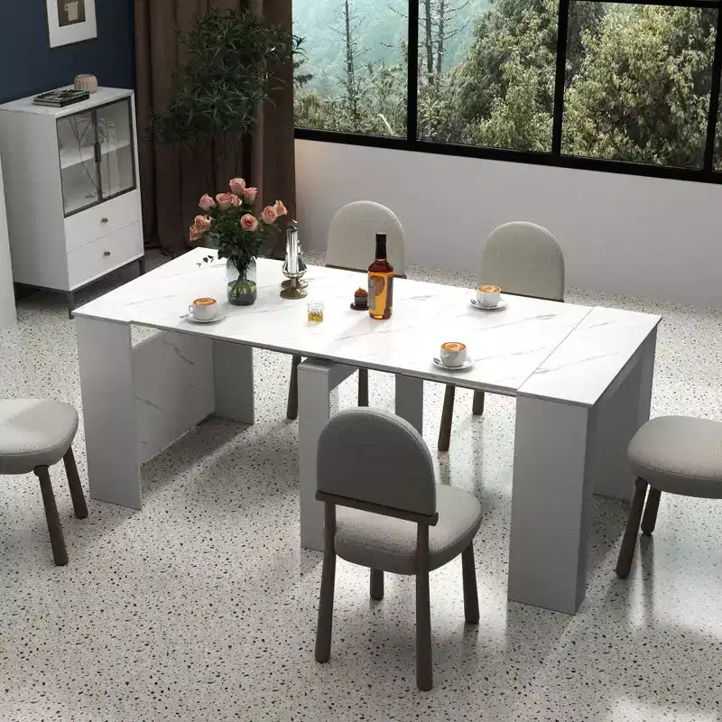 Tavolo da pranzo allungabile moderno Okak 118IN con verniciatura effetto marmo, set tavolo pieghevole per 6 persone, tavolo da cucina per soggiorno, sala da pranzo, bianco