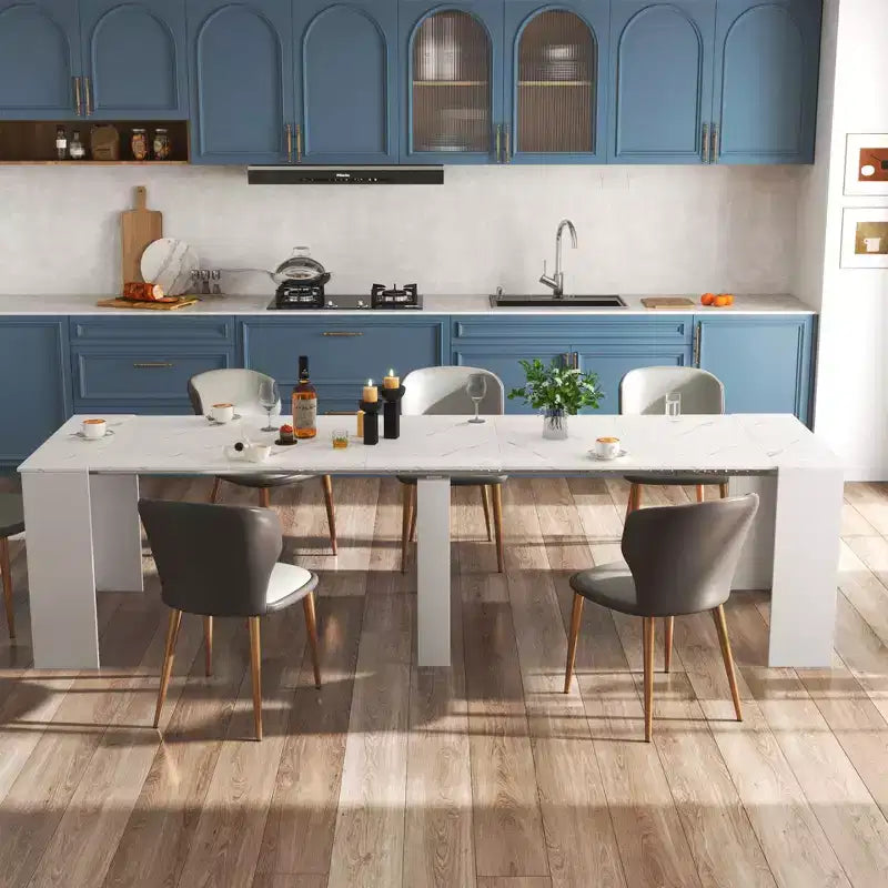 Tavolo da pranzo allungabile moderno Okak 118IN con verniciatura effetto marmo, set tavolo pieghevole per 6 persone, tavolo da cucina per soggiorno, sala da pranzo, bianco