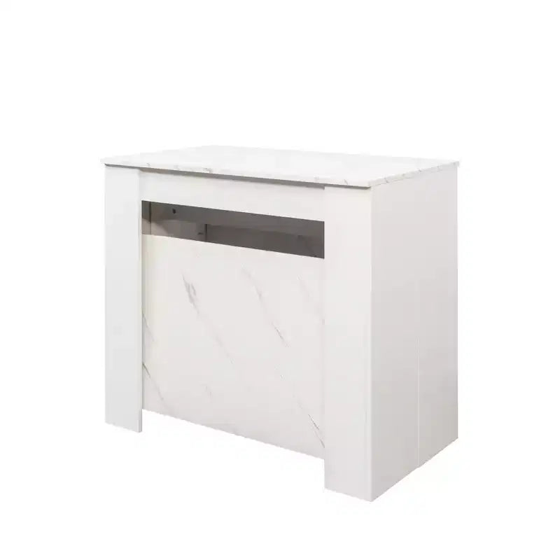 Tavolo da pranzo allungabile moderno Okak 118IN con verniciatura effetto marmo, set tavolo pieghevole per 6 persone, tavolo da cucina per soggiorno, sala da pranzo, bianco