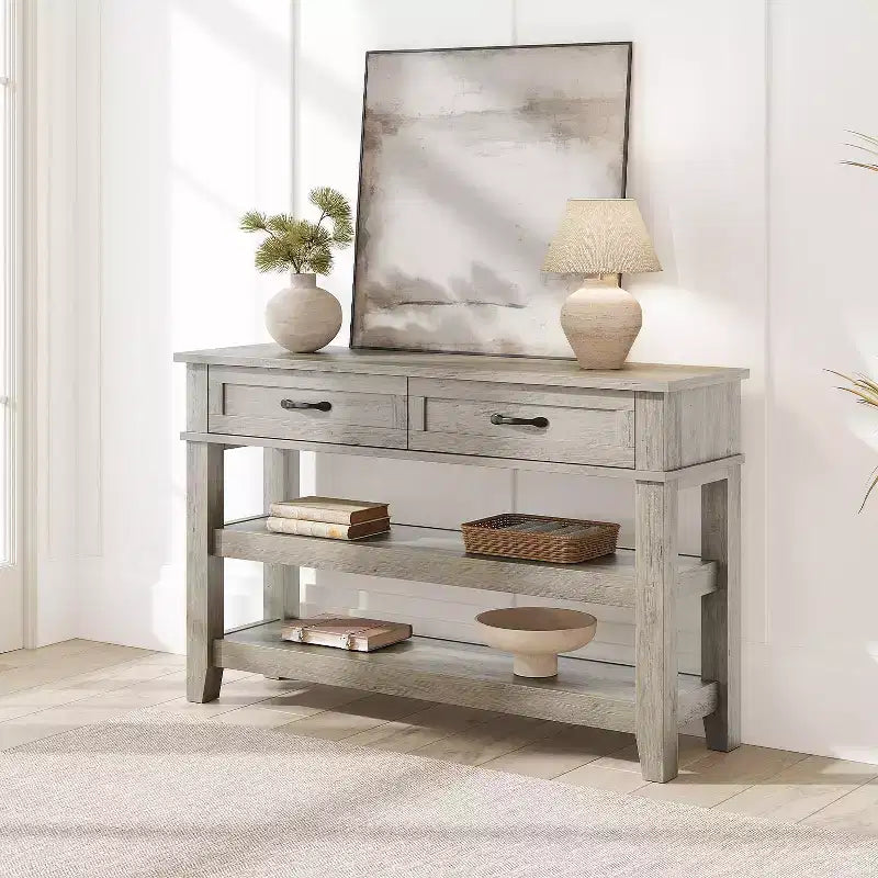 Tavolo da Ingresso da 120 cm con 2 Cassetti, Consolle Rustica a 3 Livelli in Legno con Ripiani Aperti, Tavolino da Divano per Soggiorno in Grigio