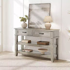 Tavolo da Ingresso da 120 cm con 2 Cassetti, Consolle Rustica a 3 Livelli in Legno con Ripiani Aperti, Tavolino da Divano per Soggiorno in Grigio