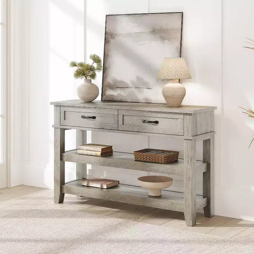 Tavolo da Ingresso da 120 cm con 2 Cassetti, Consolle Rustica a 3 Livelli in Legno con Ripiani Aperti, Tavolino da Divano per Soggiorno in Grigio