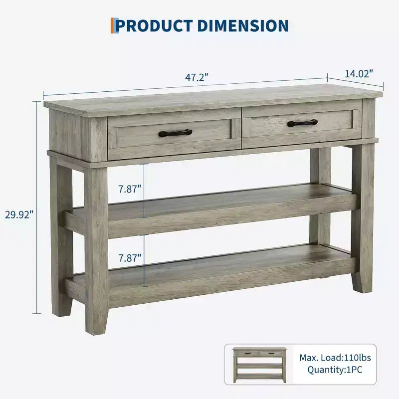 Tavolo da Ingresso da 120 cm con 2 Cassetti, Consolle Rustica a 3 Livelli in Legno con Ripiani Aperti, Tavolino da Divano per Soggiorno in Grigio