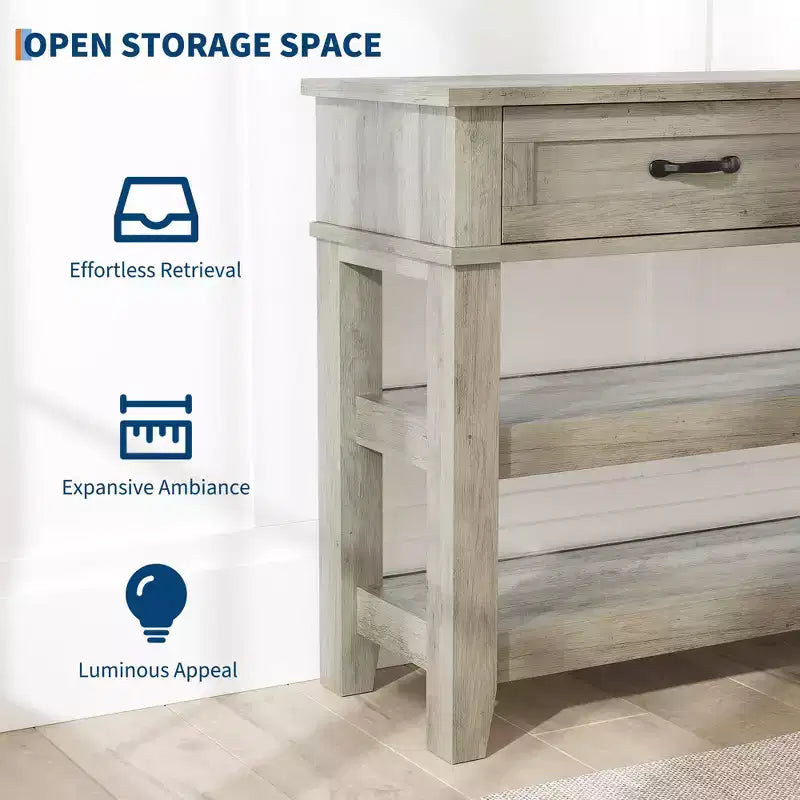 Tavolo da Ingresso da 120 cm con 2 Cassetti, Consolle Rustica a 3 Livelli in Legno con Ripiani Aperti, Tavolino da Divano per Soggiorno in Grigio