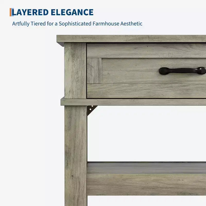 Tavolo da Ingresso da 120 cm con 2 Cassetti, Consolle Rustica a 3 Livelli in Legno con Ripiani Aperti, Tavolino da Divano per Soggiorno in Grigio