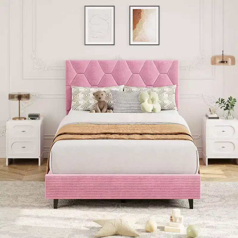 Twin XL Pink Bed Frame - Upholstered Headboard & Adjustable Height, Heavy-Duty Platform Structure, Reliable Wood Slat Support