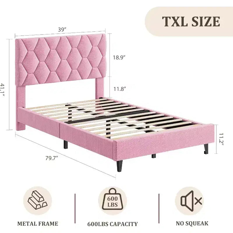 Struttura Letto Twin XL Rosa - Testiera Imbottita e Altezza Regolabile, Struttura a Piattaforma Robusta, Affidabile Supporto con Doghe in Legno