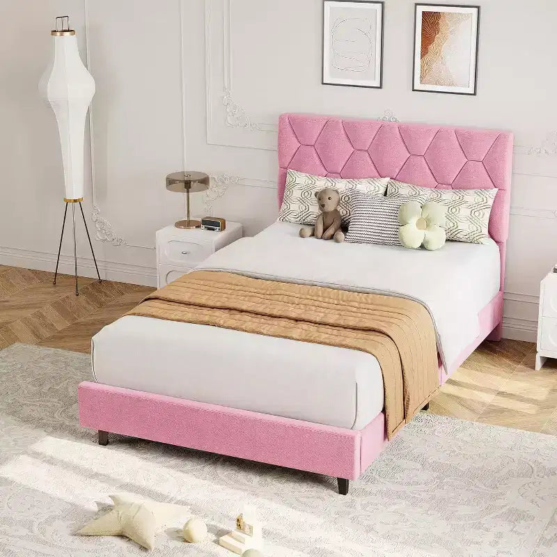 Struttura Letto Twin XL Rosa - Testiera Imbottita e Altezza Regolabile, Struttura a Piattaforma Robusta, Affidabile Supporto con Doghe in Legno