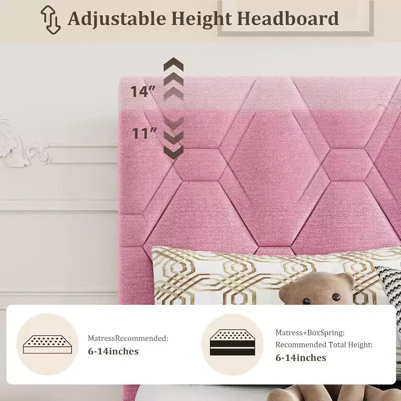 Struttura Letto Twin XL Rosa - Testiera Imbottita e Altezza Regolabile, Struttura a Piattaforma Robusta, Affidabile Supporto con Doghe in Legno