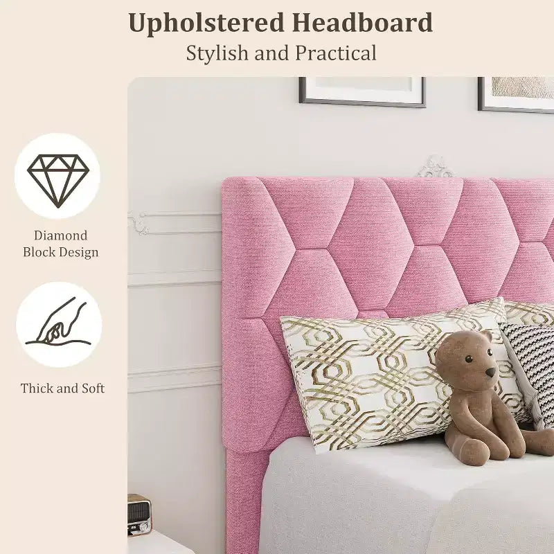 Struttura Letto Twin XL Rosa - Testiera Imbottita e Altezza Regolabile, Struttura a Piattaforma Robusta, Affidabile Supporto con Doghe in Legno