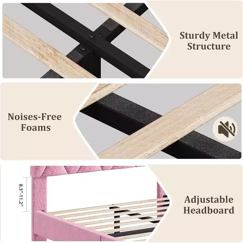 Struttura Letto Twin XL Rosa - Testiera Imbottita e Altezza Regolabile, Struttura a Piattaforma Robusta, Affidabile Supporto con Doghe in Legno