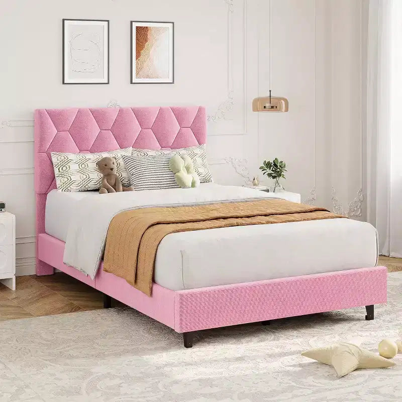 Struttura Letto Twin XL Rosa - Testiera Imbottita e Altezza Regolabile, Struttura a Piattaforma Robusta, Affidabile Supporto con Doghe in Legno