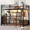 Whisen Full Size Metal Loft Bed with Desk, Light, Storage Shelves, Wardrobe & Drawers, Comfortable and Safe