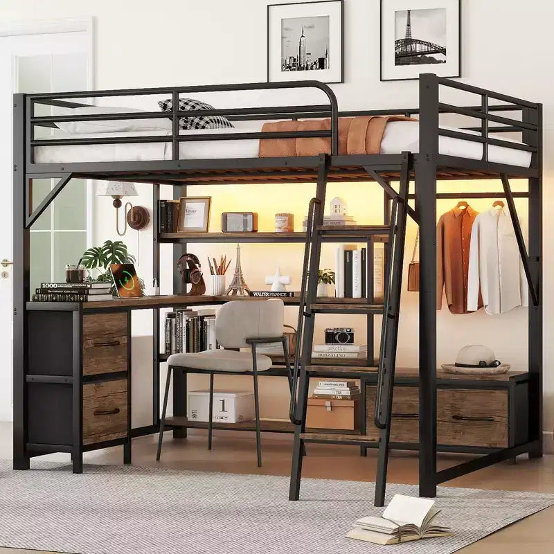 Whisen Full Size Metal Loft Bed with Desk, Light, Storage Shelves, Wardrobe & Drawers, Comfortable and Safe