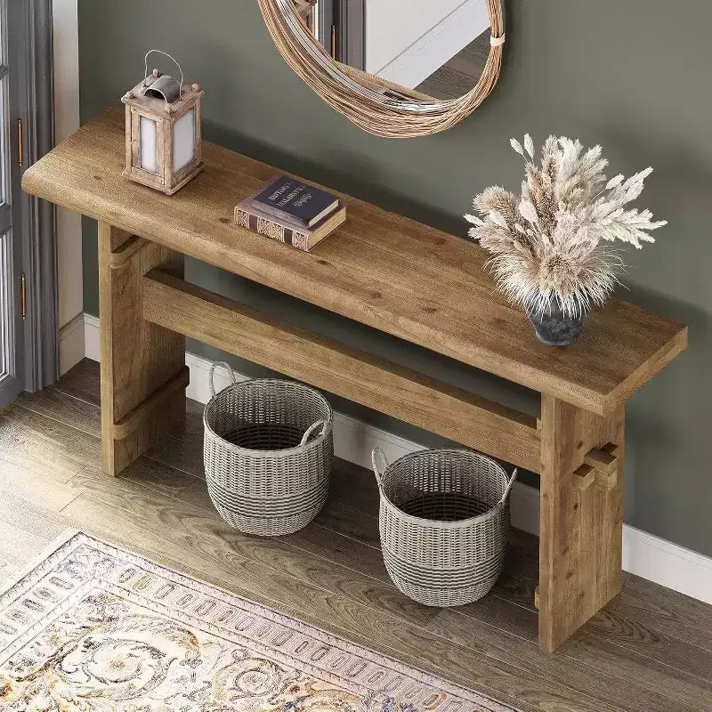 Tavolo consolle Lantine in legno massello per ingresso, tavolo da divano rustico lungo 160 cm da posizionare dietro il divano, per atrio, corridoio, soggiorno, marrone