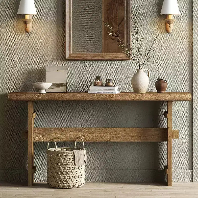 Tavolo consolle Lantine in legno massello per ingresso, tavolo da divano rustico lungo 160 cm da posizionare dietro il divano, per atrio, corridoio, soggiorno, marrone