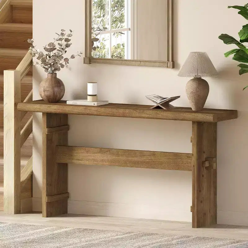 Tavolo consolle Lantine in legno massello per ingresso, tavolo da divano rustico lungo 160 cm da posizionare dietro il divano, per atrio, corridoio, soggiorno, marrone