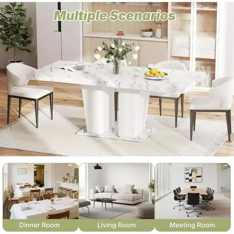 Zevemomo 63-78.7 Tavolo da Fattoria Allungabile, Tavolo in Legno da 6-10 Posti con Binario in Metallo e Base a Doppia Colonna, Bianco per Sala da Pranzo e Ufficio