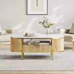 Tavolino da caffè moderno scanalato, tavolino ovale da 48 pollici con cassetti, piano in finto marmo, finiture in metallo, tavolino da centro in rovere naturale per soggiorno