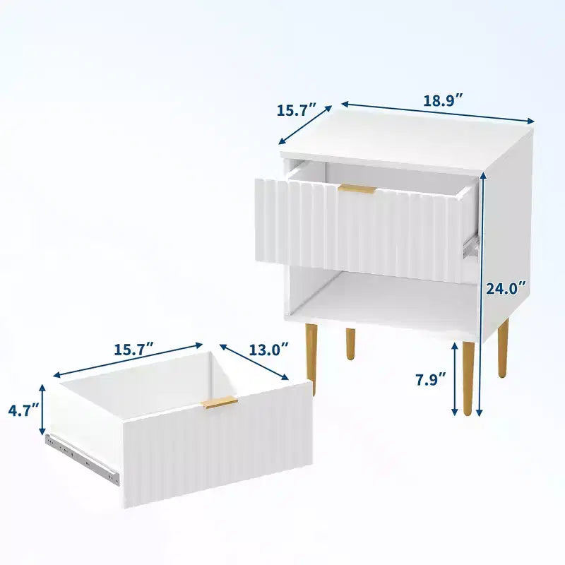 Comodino Moderno Scanalato con 2 Cassetti, Tavolino con Gambe in Metallo, Tavolino da Notte per Piccoli Spazi, Tavolino da Divano per Camera da Letto