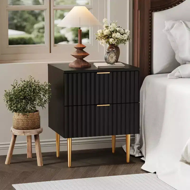 Modern Fluted Nightstand with 2 Drawers, Wooden End Table with Metal Legs, Bedside Table for Small Space, Sofa Side Table for Bedroom