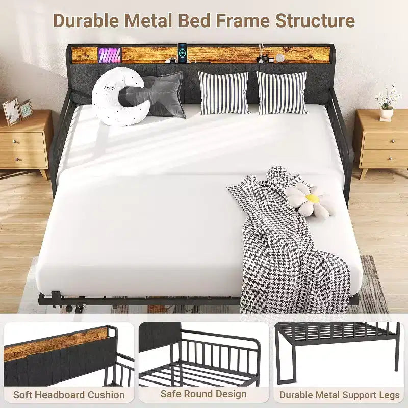Zevemomo Twin Daybed con rete estraibile a scomparsa, telaio in metallo resistente per letto singolo, testiera imbottita con luci a LED, per soggiorno, camera da letto e camera degli ospiti, nero