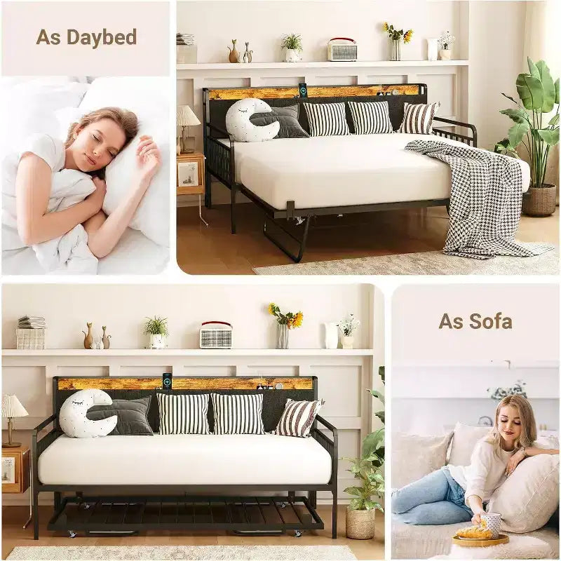Zevemomo Twin Daybed con rete estraibile a scomparsa, telaio in metallo resistente per letto singolo, testiera imbottita con luci a LED, per soggiorno, camera da letto e camera degli ospiti, nero