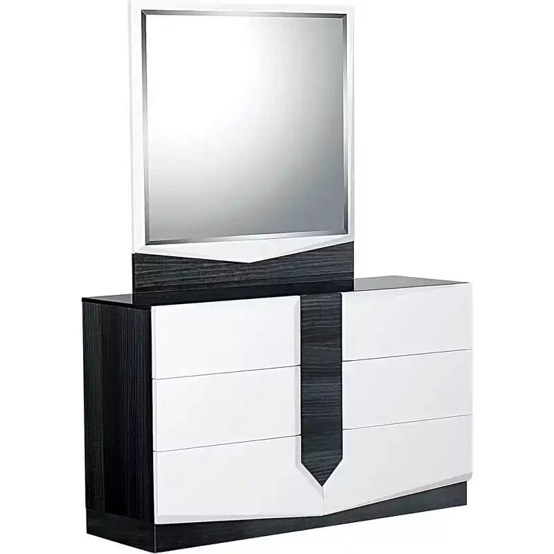 Specchio moderno Hudson HomeStock con finitura lucida e bordo in Zebrano grigio scuro, elegante accessorio per la camera da letto