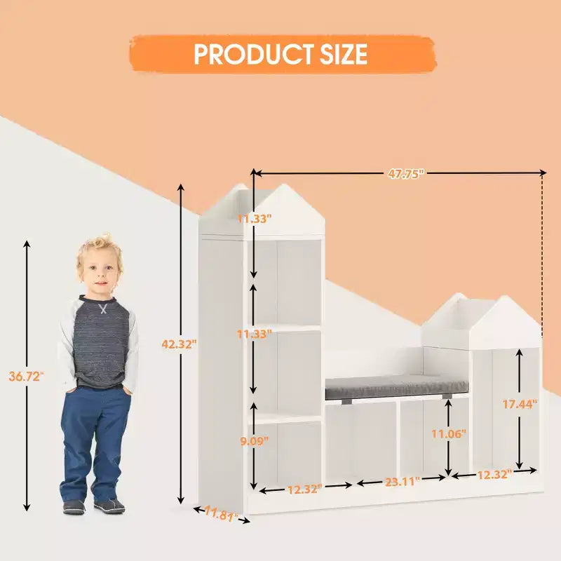 Libreria per bambini a 6 scomparti, portaoggetti per giocattoli con cuscino del sedile, portaoggetti grande da terra per la camera dei bambini, il soggiorno, lo studio, bianco