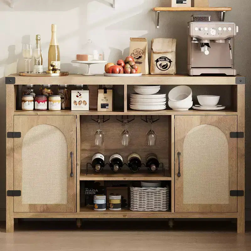Mobile da caffè da fattoria con ante in rattan, mobile bar da 52'' con ripiani regolabili e portabottiglie rimovibile